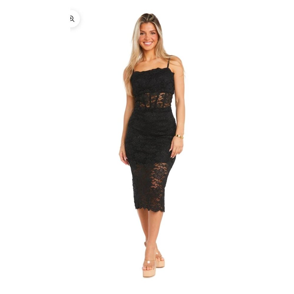 Morgan & Co. Black Lace Midi Dress With Sheer Panels & Spaghetti Straps - Size 1